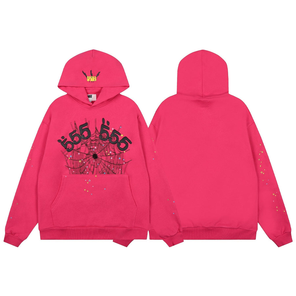Sp5der Pink Spiderweb Graphic Hoodie & Sweatpants Matching Set — front