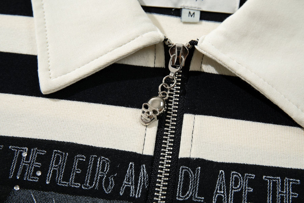 MAJESTIK Skull Graphic Striped Zip-Collar T-Shirt — detail