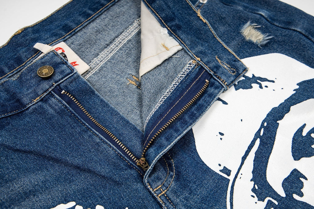 ASAALL Portrait Graphic Washed Denim Shorts — detail