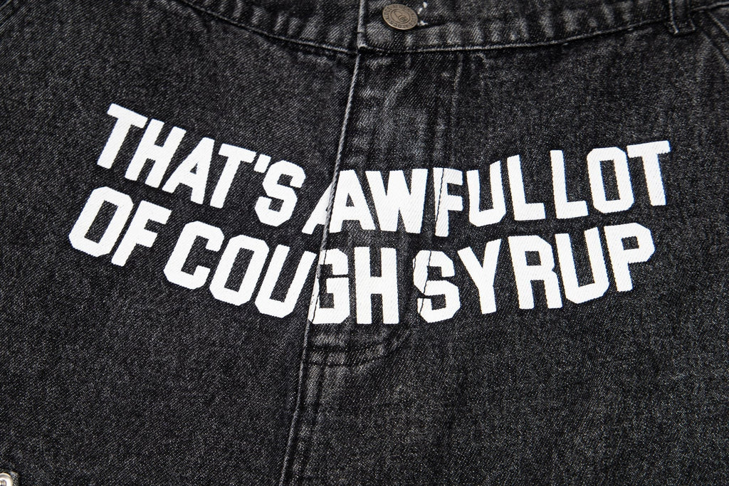THAT'S A AWFUL LOT OF COUGH SYRUP Washed Denim Graphic Shorts — detail