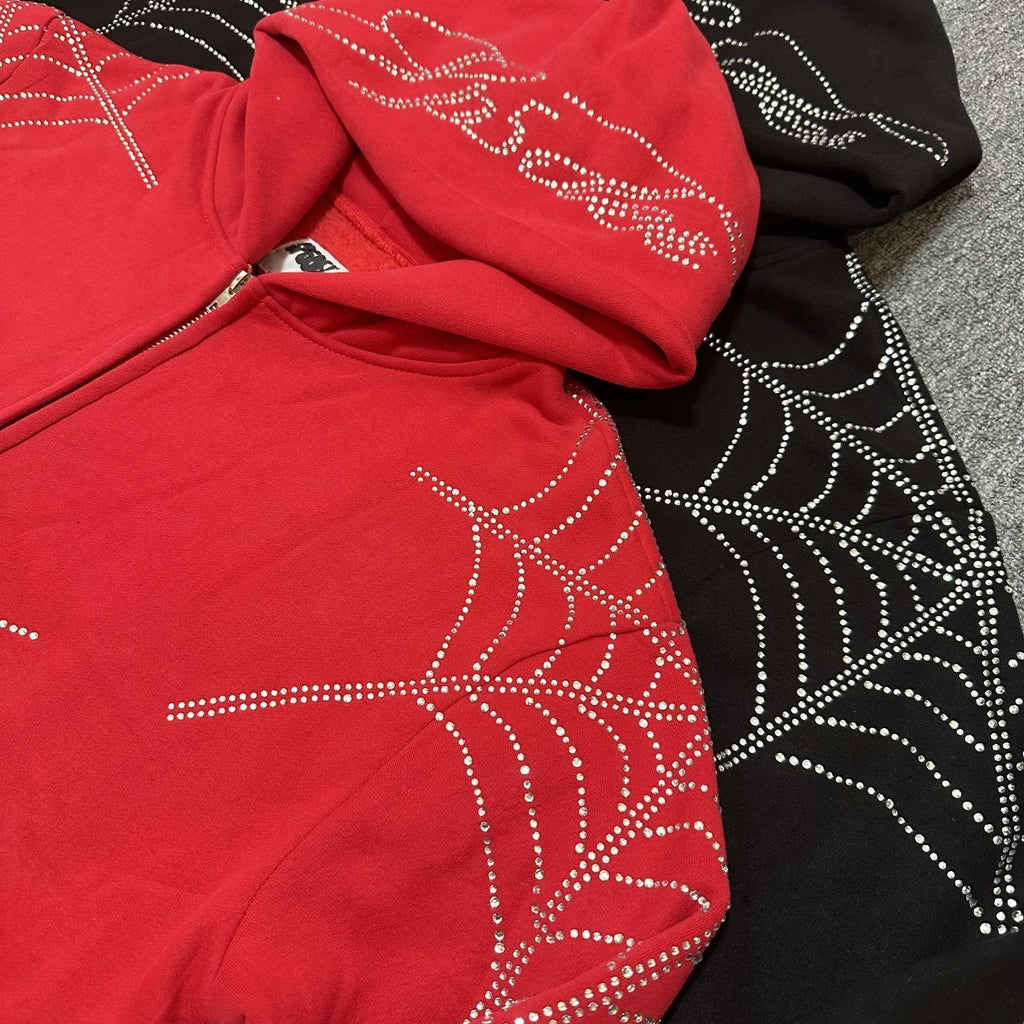 Sp5der Rhinestone Spiderweb Zip Hoodie & Pants Matching Set — detail